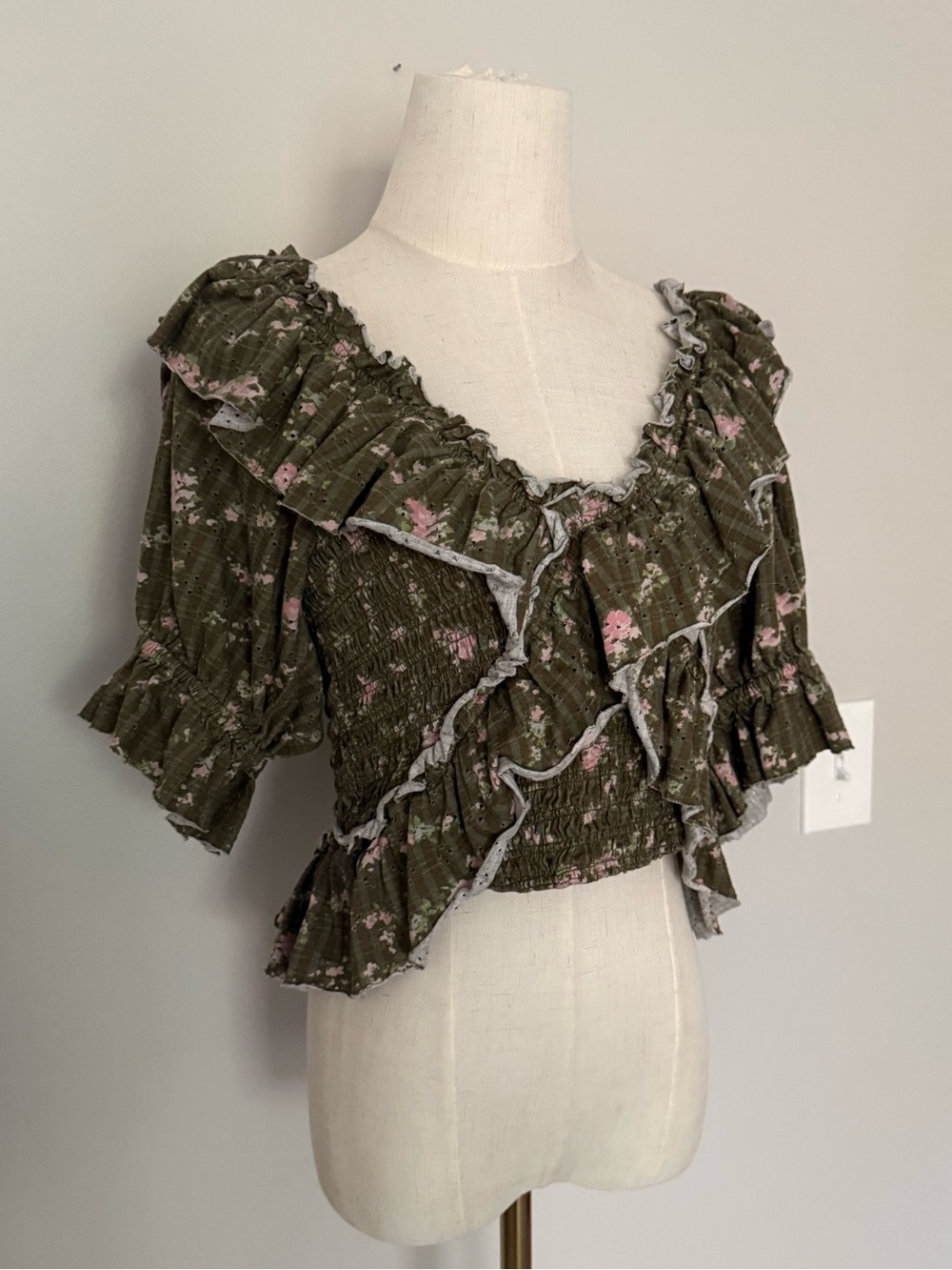Free People Olive Floral Ruffle Boho Crop Top, medium
